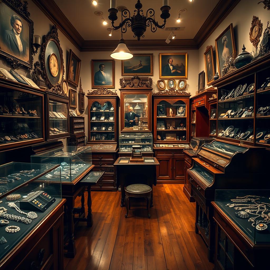 A charming old jewelry shop filled with antique treasures