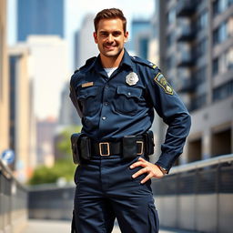 A striking image of a handsome man dressed in a police uniform, portraying charisma and confidence