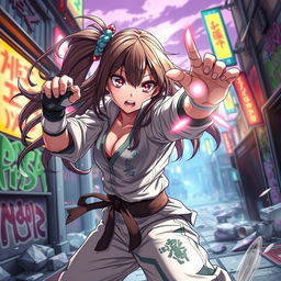 An action-packed scene featuring a dynamic manga-style girl fighter in an intense battle stance