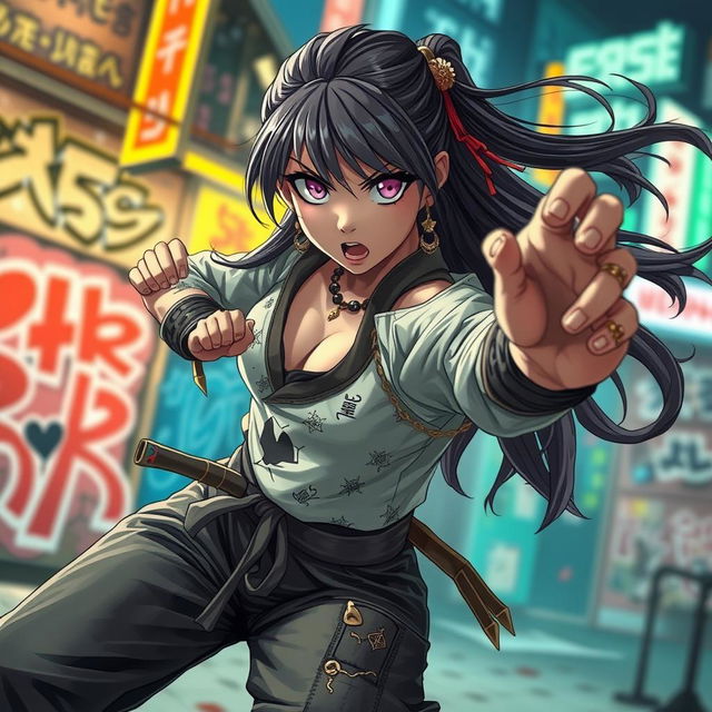 An action-packed scene featuring a dynamic manga-style girl fighter in an intense battle stance