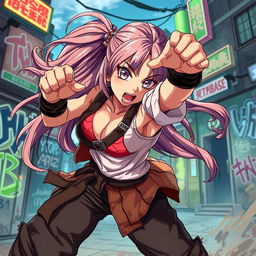 An action-packed scene featuring a dynamic manga-style girl fighter in an intense battle stance