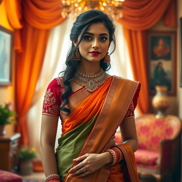 An artistic depiction of a traditional Indian woman, styled in a vibrant saree and decorative blouse that merges with contemporary fashion elements