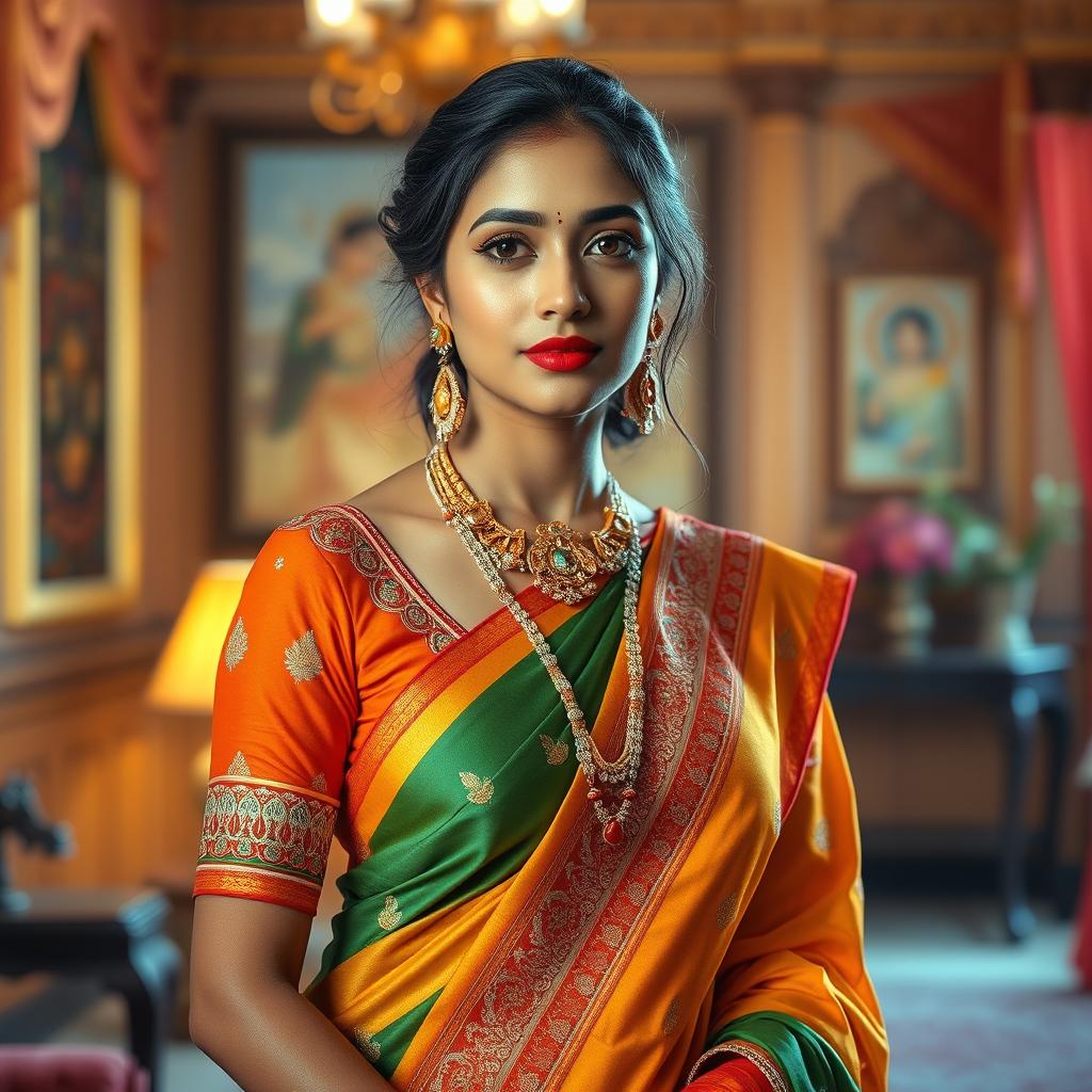 An artistic depiction of a traditional Indian woman, styled in a vibrant saree and decorative blouse that merges with contemporary fashion elements