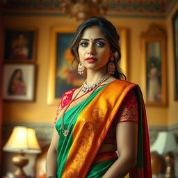 An artistic depiction of a traditional Indian woman, styled in a vibrant saree and decorative blouse that merges with contemporary fashion elements