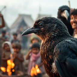 A close-up view of the small bird, gazing confidently at the crow with a slight smile on its beak, exuding an air of pride