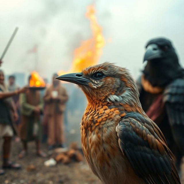 A close-up view of the small bird, gazing confidently at the crow with a slight smile on its beak, exuding an air of pride