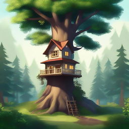 A high-quality digital art image showcasing a tiny, charming house nestled at the top of a towering tree