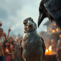 A close-up view of the small bird, gazing confidently at the crow with a slight smile on its beak, exuding an air of pride