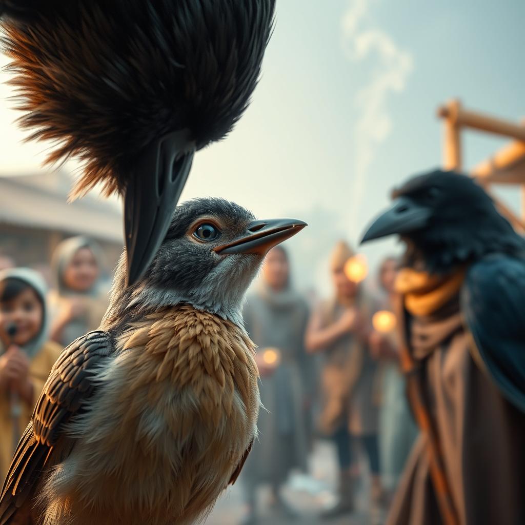 A close-up view of the small bird, gazing confidently at the crow with a slight smile on its beak, exuding an air of pride