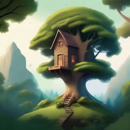 A high-quality digital art image showcasing a tiny, charming house nestled at the top of a towering tree