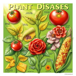 A detailed illustration showcasing various types of plant diseases affecting a range of plants