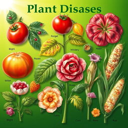 A detailed illustration showcasing various types of plant diseases affecting a range of plants