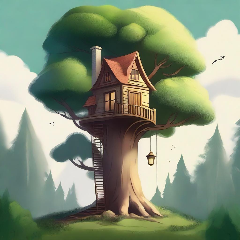 A high-quality digital art image showcasing a tiny, charming house nestled at the top of a towering tree