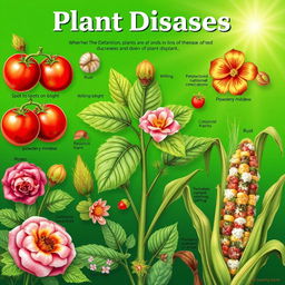 A detailed illustration showcasing various types of plant diseases affecting a range of plants