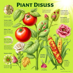 A detailed illustration showcasing various types of plant diseases affecting a range of plants