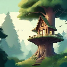 A high-quality digital art image showcasing a tiny, charming house nestled at the top of a towering tree