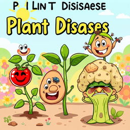 A playful cartoon illustration depicting various plant diseases affecting humorous looking cartoon plants