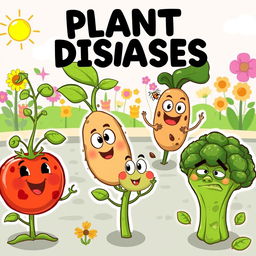 A playful cartoon illustration depicting various plant diseases affecting humorous looking cartoon plants