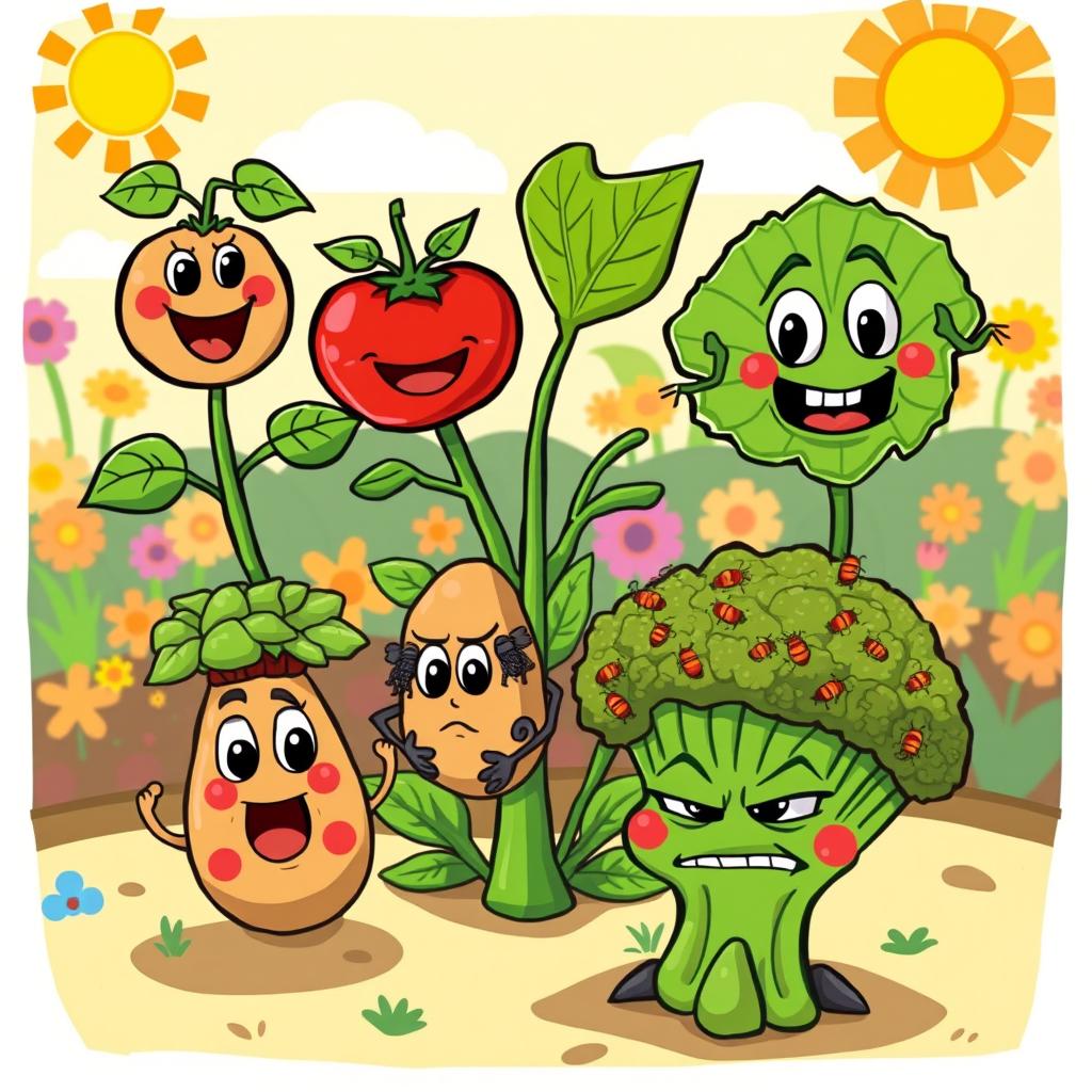 A playful cartoon illustration depicting various plant diseases affecting humorous looking cartoon plants