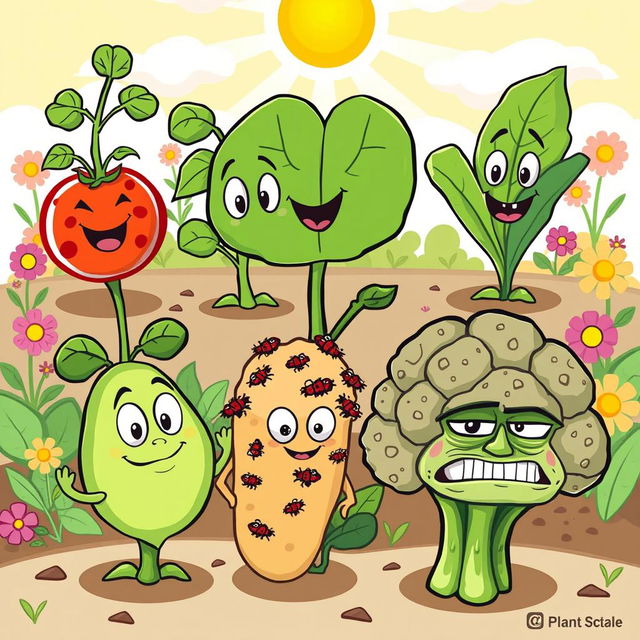 A playful cartoon illustration depicting various plant diseases affecting humorous looking cartoon plants