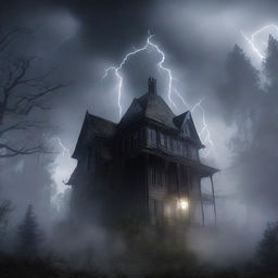 A high-resolution digital art image depicting a massive, eerie haunted house in the midst of a dense forest