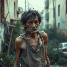 A frail-looking man with a visibly weak physique, characterized by poor posture and thin limbs