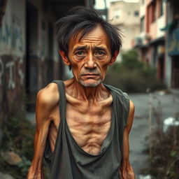A frail-looking man with a visibly weak physique, characterized by poor posture and thin limbs