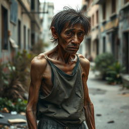 A frail-looking man with a visibly weak physique, characterized by poor posture and thin limbs
