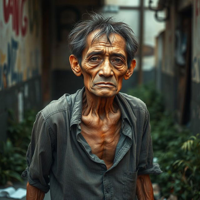 A frail-looking man with a visibly weak physique, characterized by poor posture and thin limbs