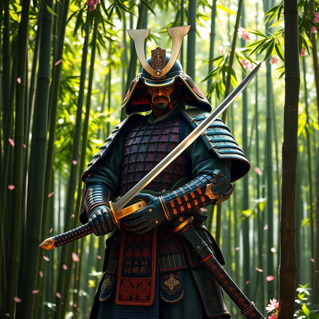 A traditional samurai warrior standing proudly in a lush green bamboo forest