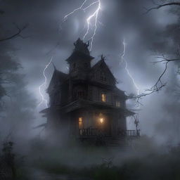 A high-resolution digital art image depicting a massive, eerie haunted house in the midst of a dense forest