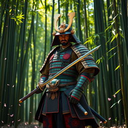 A traditional samurai warrior standing proudly in a lush green bamboo forest