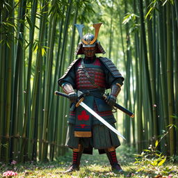 A traditional samurai warrior standing proudly in a lush green bamboo forest