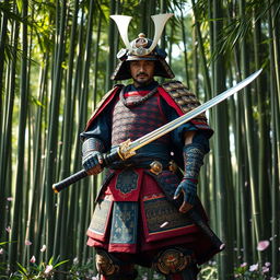 A traditional samurai warrior standing proudly in a lush green bamboo forest