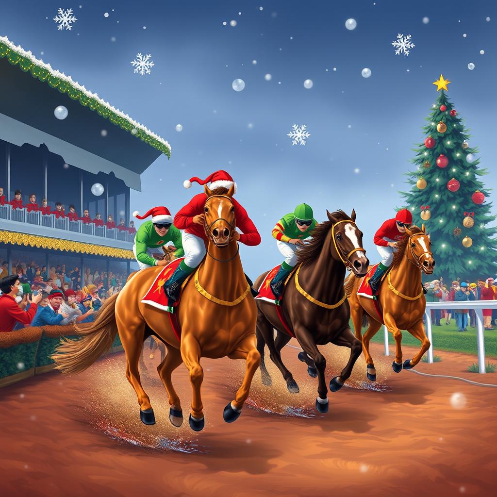 A vibrant horse race scene filled with excitement, featuring horses adorned with festive decorations in red, green, and gold, galloping down a track with a cheering crowd