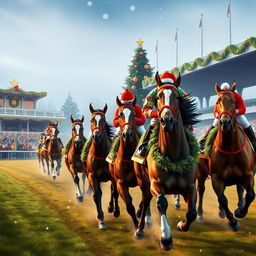 A vibrant horse race scene filled with excitement, featuring horses adorned with festive decorations in red, green, and gold, galloping down a track with a cheering crowd