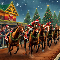 A vibrant horse race scene filled with excitement, featuring horses adorned with festive decorations in red, green, and gold, galloping down a track with a cheering crowd