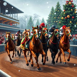A vibrant horse race scene filled with excitement, featuring horses adorned with festive decorations in red, green, and gold, galloping down a track with a cheering crowd