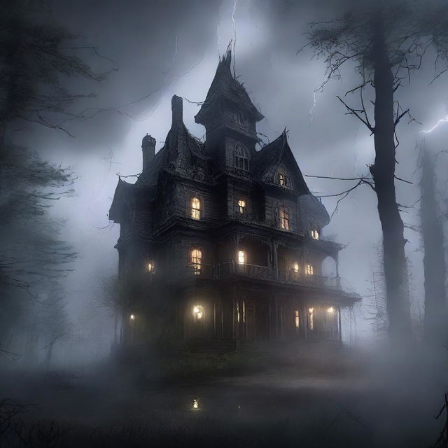 A high-resolution digital art image depicting a massive, eerie haunted house in the midst of a dense forest