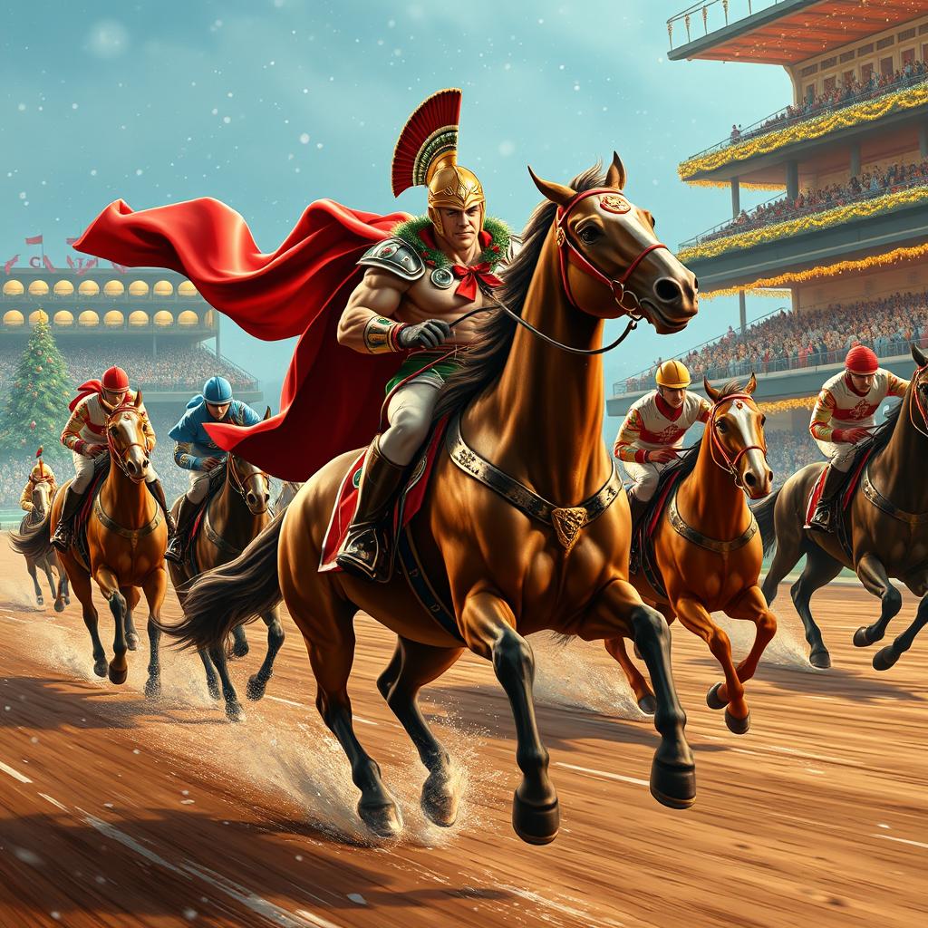 An exciting horse race scene infused with a Christmas color theme, showcasing a giga chad gladiator confidently leading the race atop a majestic horse