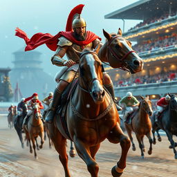 An exciting horse race scene infused with a Christmas color theme, showcasing a giga chad gladiator confidently leading the race atop a majestic horse