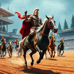 An exciting horse race scene infused with a Christmas color theme, showcasing a giga chad gladiator confidently leading the race atop a majestic horse