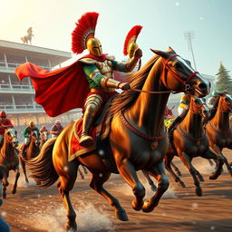 An exciting horse race scene infused with a Christmas color theme, showcasing a giga chad gladiator confidently leading the race atop a majestic horse