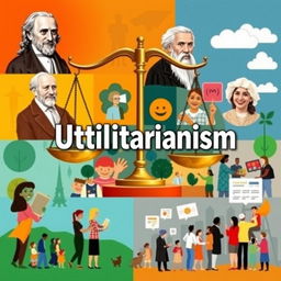 A visually engaging collage representing Utilitarianism, showcasing a balance of scales symbolizing weighing consequences, images of famous utilitarian philosophers like Jeremy Bentham and John Stuart Mill, vibrant icons of happiness and welfare like smiling faces, acts of kindness, and community engagement scenes