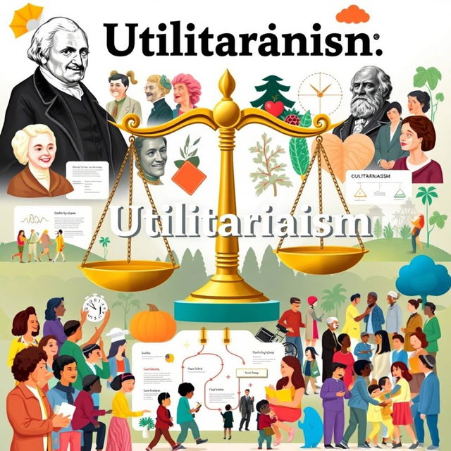 A visually engaging collage representing Utilitarianism, showcasing a balance of scales symbolizing weighing consequences, images of famous utilitarian philosophers like Jeremy Bentham and John Stuart Mill, vibrant icons of happiness and welfare like smiling faces, acts of kindness, and community engagement scenes