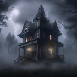 A high-resolution digital art image depicting a massive, eerie haunted house in the midst of a dense forest