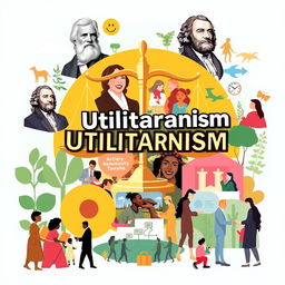 A visually engaging collage representing Utilitarianism, showcasing a balance of scales symbolizing weighing consequences, images of famous utilitarian philosophers like Jeremy Bentham and John Stuart Mill, vibrant icons of happiness and welfare like smiling faces, acts of kindness, and community engagement scenes