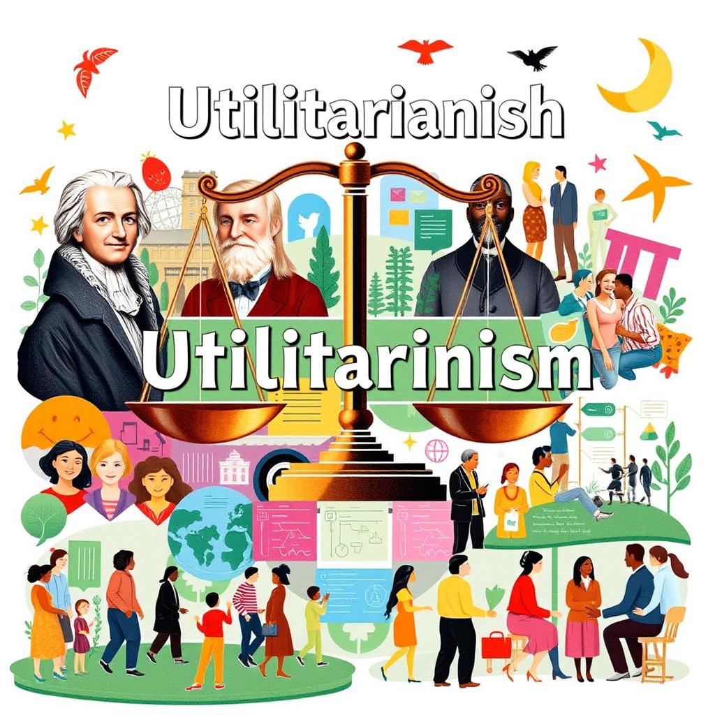 A visually engaging collage representing Utilitarianism, showcasing a balance of scales symbolizing weighing consequences, images of famous utilitarian philosophers like Jeremy Bentham and John Stuart Mill, vibrant icons of happiness and welfare like smiling faces, acts of kindness, and community engagement scenes