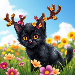 A cute little black cat with large, playful antlers, looking curiously at the viewer