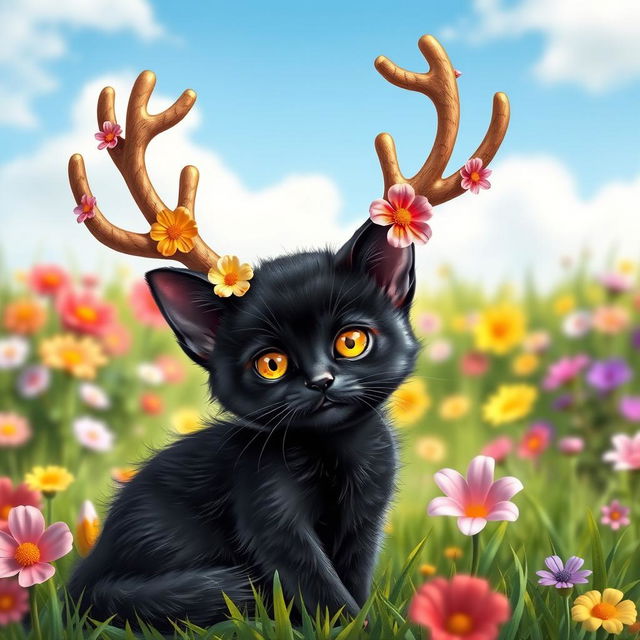 A cute little black cat with large, playful antlers, looking curiously at the viewer